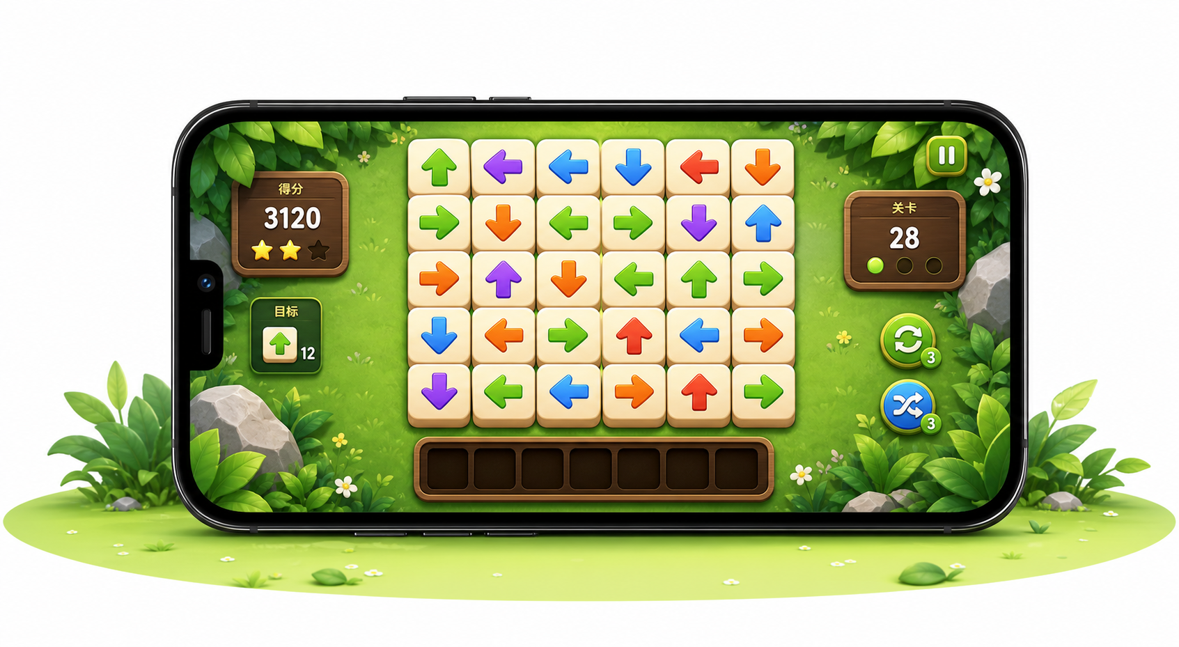Arrow Again gameplay shown on a phone with colorful arrow tiles
